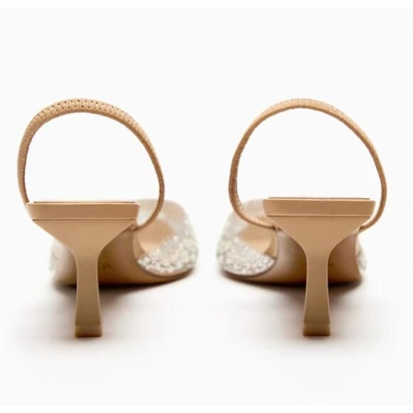 Women's Brown Fashion Rhinestone Slingback Pumps Pointed Toe PVC Kitten Heels - Picture 4 of 7